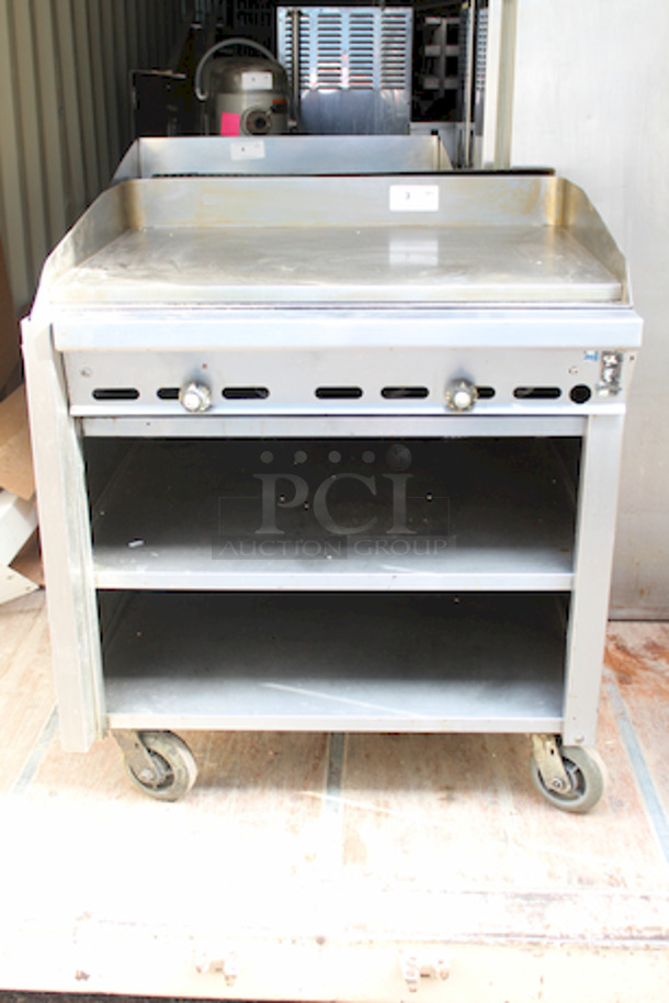 AMAZING! Montague 36-8 Legend 36" Heavy Duty Gas Range With 36" Fry Top & Open Cabinet Base On Commercial Casters With Removable Grease Trap. 36x37x42 - Image 2 of 8