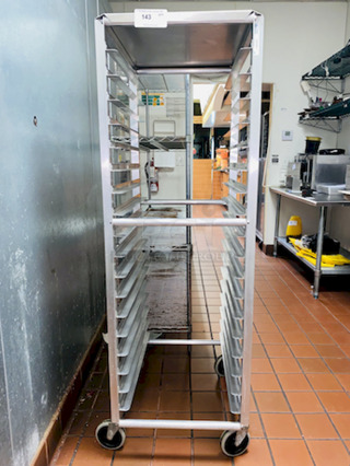 ALMOST PERFECT! Lockwood RA64-ER18ES Intermediate Height 18 Level 64" End Load Rack.
Condition: 8/10 
A hard working, versatile line of racks
Construction: High tensile extruded aluminum
Dimensions: 64"H x 21 3/8"W x 26 1/2"D
Tray supports: 1-1/2″ wide extruded pan supports riveted to uprights
Center Spacing: 3"
Pan Capacity: (18) 18" x 26" pans
Casters: 5" non-marking swivel threaded stem
Actual Weight: 45 lbs.