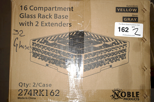 NEW! (2) Noble Products 274RK162 16-Compartment Gray Full-Size Glass Rack with 2 Yellow Extenders & 32 Wine Glasses 2x Your Bid - Image 1 of 6