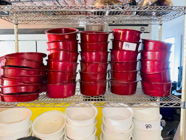 DO NOT PASS THIS UP!! Shelf Full of Bon Chef 5103TERRA 2-3/4 qt., 9-1/2" x 12-3/8" x 4"H, oval, aluminum with ceramic-look coating, Terra Cotta Red and Casserole Dishes and Bon Chef 1-1/2qt 5105S 9 1/8" x 12 3/8" x 2"Oval Pans, Terra Cotta Red. 

28x Your Bid - Image 5 of 5
