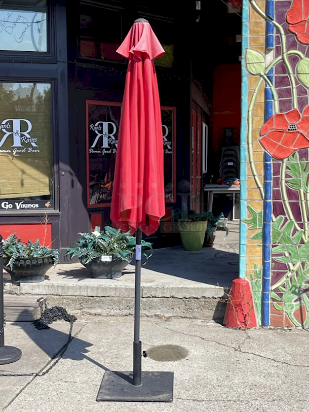 BEAUTIFUL! Large Red Patio Table Umbrella With Base.  - Image 3 of 4