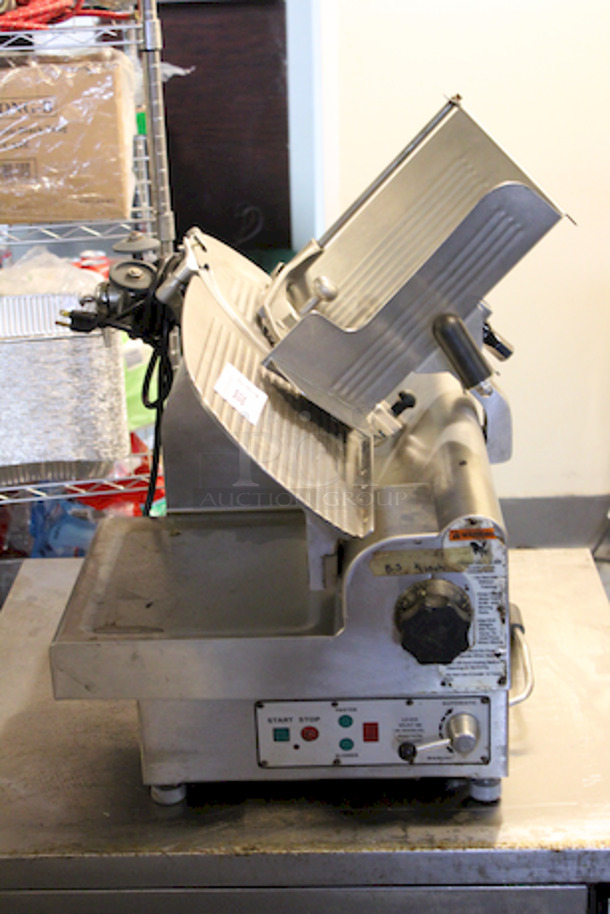 AMAZING! Globe 3850 Electric Food Slicer - Heavy Duty Stainless Steel, Two Speed Automatic, 13" Blade. Full 45° angle gravity feed
Gear driven motor
Top mounted knife sharpener
120V. 1/2 HP. 23x263/4x25. 166 lbs. - Image 2 of 6