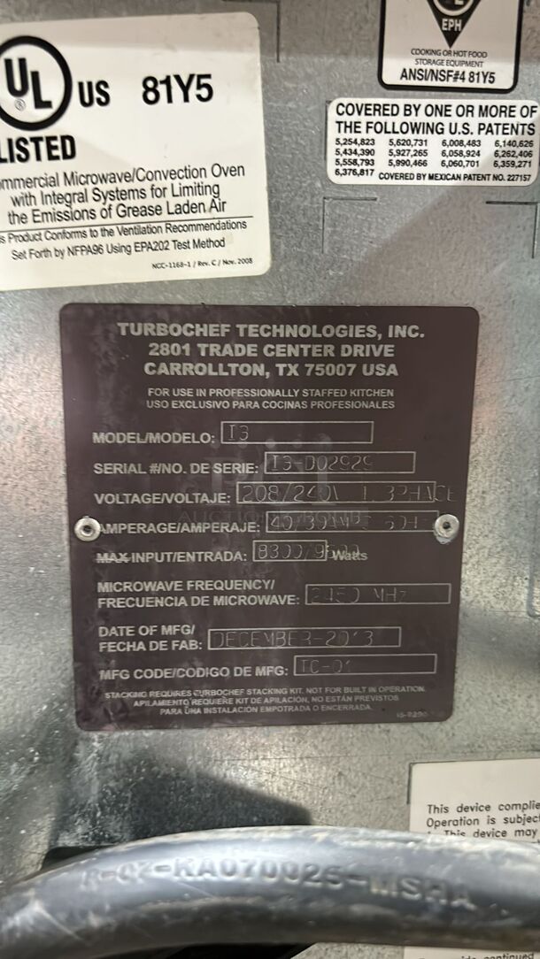 TURBOCHEF Convection/Microwave Oven, Rapid Cook Model I3 Serial I3-D03721 208/240V/60Hz/1/3 Phase
 - Image 5 of 5