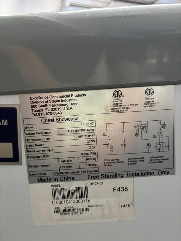 Excellence HL-14HC Low Temp Ice Cream Chest Freezer, 51-3/4"W, 13.8 cu. ft. capacity, self-contained
 - Image 3 of 5