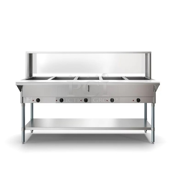 BRAND NEW SCRATCH AND DENT! KoolMore KM-OWS-5SG Stainless Steel Commercial Electric Powered 5 Well Steam Table w/ Under Shelf. 240 Volts. Stock Picture Used as Gallery. - Image 1 of 12