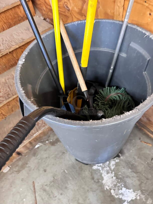 One Lot Gray Trash Container with Cleaning Supplies  - Image 3 of 5