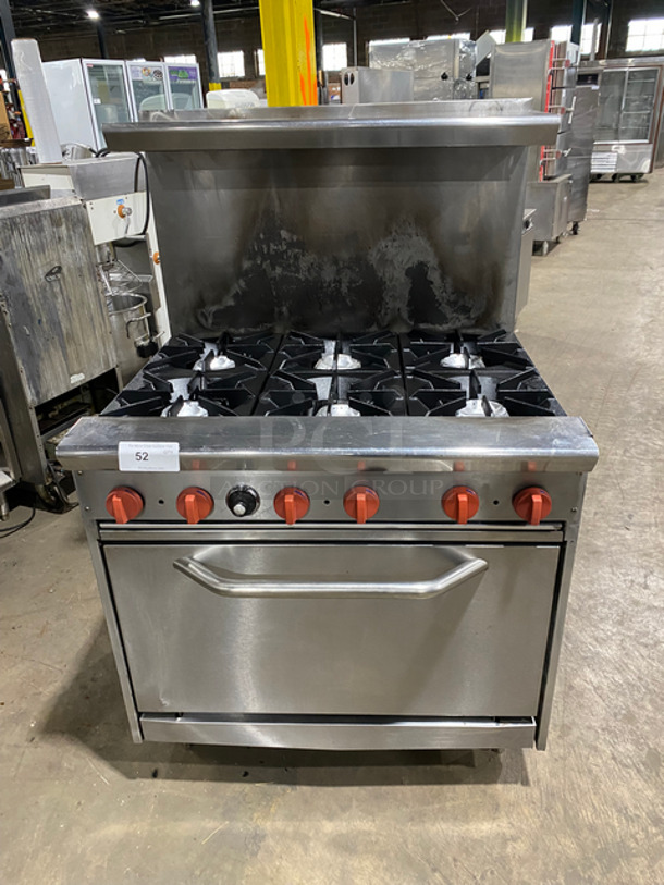 Tristar Commercial Natural Gas Powered 6 Burner Stove! With Full Size Oven Underneath! With Raised Backsplash And Salamander Shelf! All Stainless Steel! On Legs! Model: 36CPGV6B30N SN: 996991412010