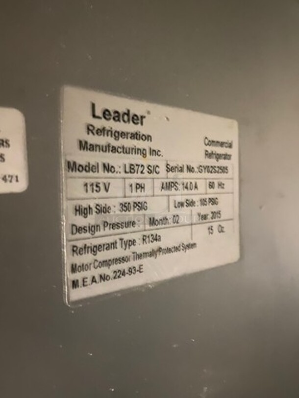 Leader Commercial 3 Door Undercounter/ Work Top Cooler! All Stainless Steel! On Casters! Model: LB72S/C SN: GY02S2505 115V 60HZ 1 Phase - Image 7 of 8