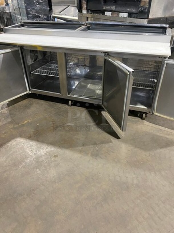 EQ Kitchen Line Commercial Refrigerated Pizza Prep Table! With Commercial Cutting Board! With 3 Door Storage Space! Poly Coated Racks! All Stainless Steel! Model: PICL3 SN: 6455410816102206 115V - Image 5 of 11