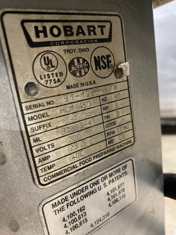 NICE! Hobart Commercial Vertical Cutter/Mixer/Mincer! All Stainless Steel! On Legs! WORKING WHEN REMOVED! Model: HCM450 SN: 311223674 200V 60HZ 3 Phase - Image 8 of 9