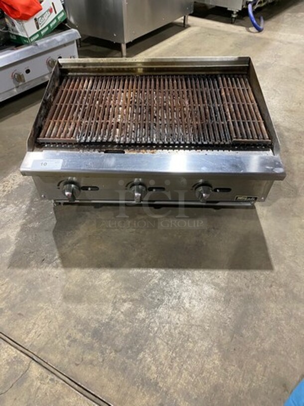 Migali Commercial Countertop Natural Gas Powered Char Broiler Grill! With Back And Side Splashes! All Stainless Steel! On Small Legs! Model: CCR36NG SN: CCR36NGUSB100317060700920007! Working When Removed!
