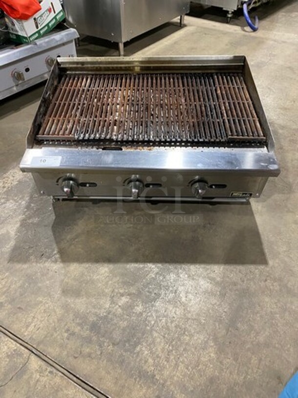 Migali Commercial Countertop Natural Gas Powered Char Broiler Grill! With Back And Side Splashes! All Stainless Steel! On Small Legs! Model: CCR36NG SN: CCR36NGUSB100317060700920007! Working When Removed! - Image 1 of 9