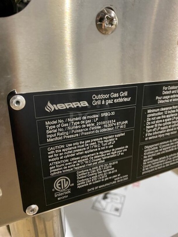 NEW! Sierra LP Powered Outdoor Grill! With Hinged Lid! Open Storage Space Underneath! Solid Stainless Steel! On Casters! Model: SRBQ30 SN: 200802934 - Image 8 of 9