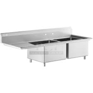 BRAND NEW SCRATCH AND DENT! Regency 600S2242424L Stainless Steel Commercial 2 Bay Sink w/ Left Side Drain Board. Bays 24x24. Drain Board 22x26