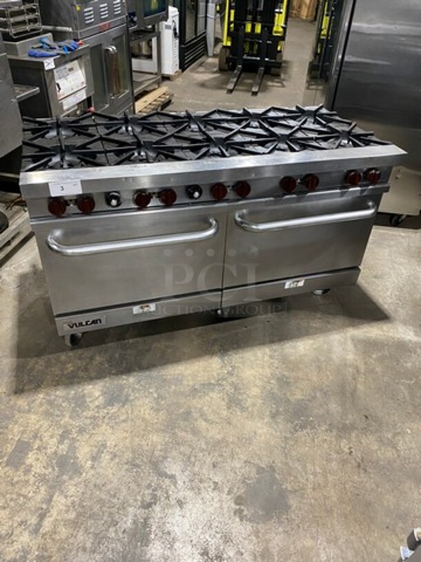 NICE! Vulcan Commerical Natural Gas Powered 10 Burner Stove! With 2 Oven Underneath! All Stainless Steel! On Casters! Working When Removed!