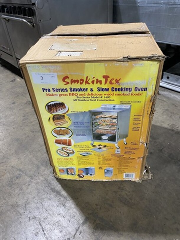 BRAND NEW IN THE BOX! Smomkin Tex Electric Powered Insulated Pro Series Smoker/Slow Cooking Oven! Model 1400! Real Wood Flavor! 110V 1 Phase! On Casters!  