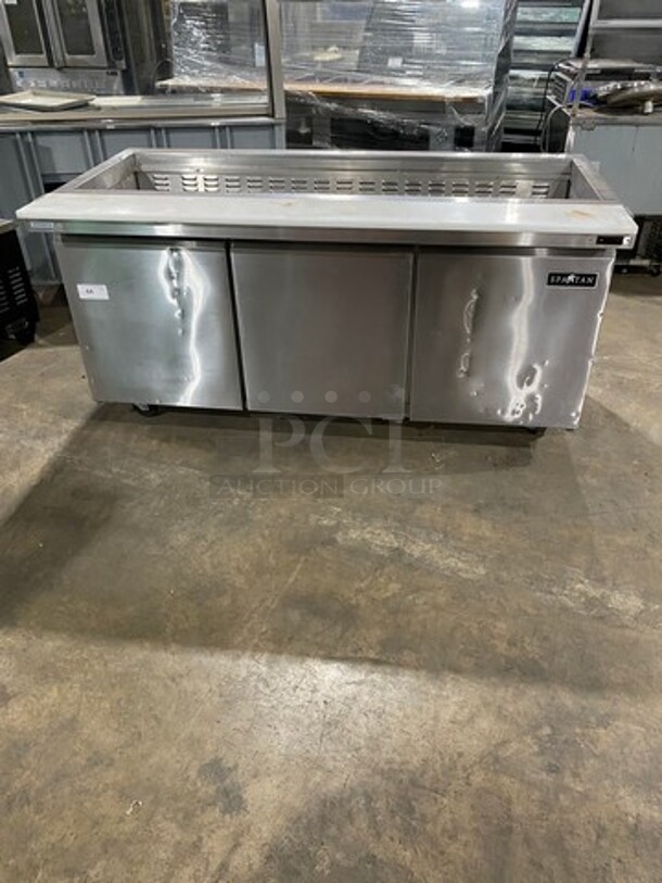 Spartan Commercial Refrigerated Mega Top Sandwich Prep Table! With Commercial Cutting Board! With 3 Door Storage Space Underneath! Poly Coated Racks! All Stainless Steel! On Casters! Model: SST7230