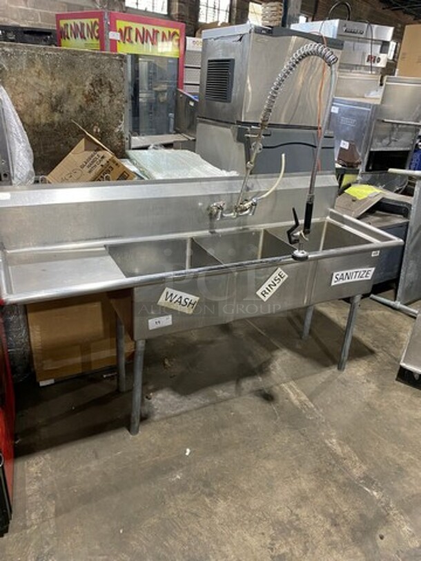 Commercial 3 Compartment Dish Washing Sink! With Single Side Drain Board! With Jet Spray Assembly! With Back Splash! On Legs! - Image 1 of 7