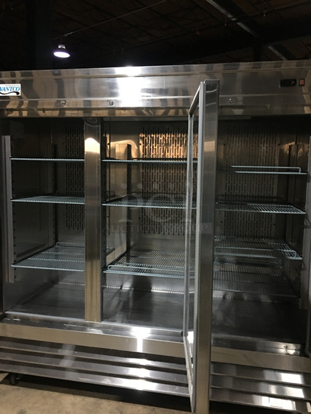 MUST HAVE! Avantco Commercial 3 Door Reach In Refrigerator! With Poly Coated Racks! All Stainless Steel! On Casters! Working When Removed! Model: 178CFD3RR 115V 60HZ 1 Phase - Image 5 of 11