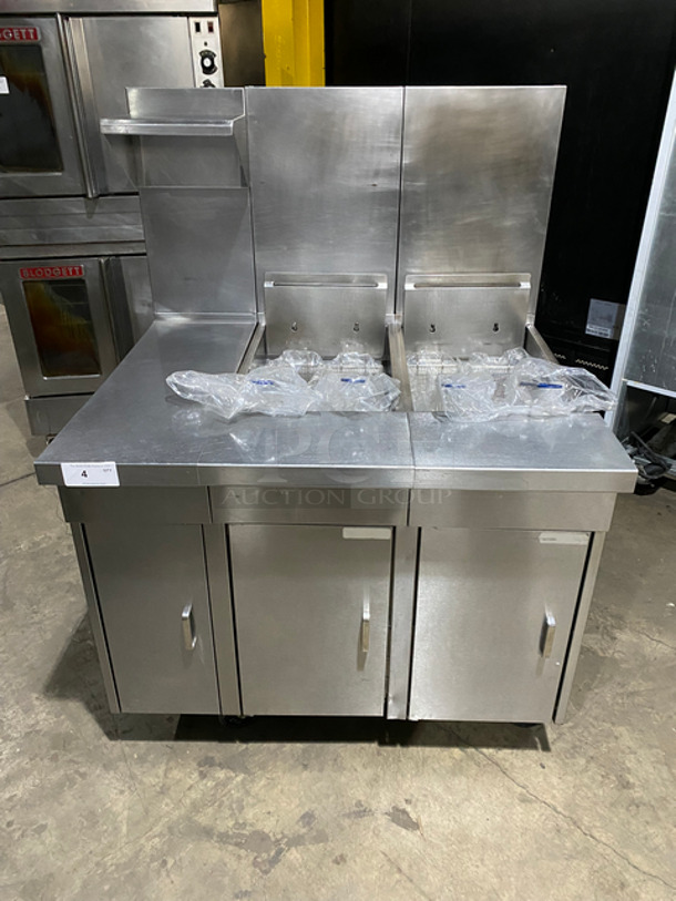 Southbend Commercial Natural Gas Powered 2 Bay Deep Fat Fryer! With Raised Back Splash And Small Salamander Shelf! With 4 New Frying Baskets! All Stainless Steel! On Casters!
