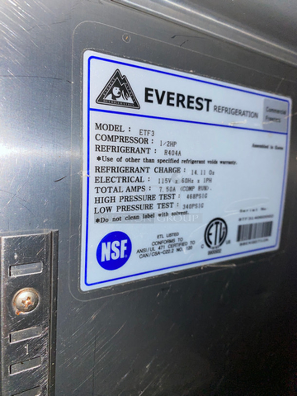 SWEET! Everest Commercial 3 Door Lowboy/Worktop Freezer! With Poly Coated Racks! All Stainless Steel! On Casters! Model: ETF3 115V 60HZ 1 Phase - Image 7 of 8