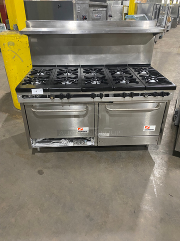 GREAT! Southbend Commercial Natural Gas Powered 10 Burner Stove! With Raised Back Splash And Salamander Shelf! With 2 Full Size Oven Underneath! All Stainless Steel! On Legs! Model: 320D SN: 20N04G53572
