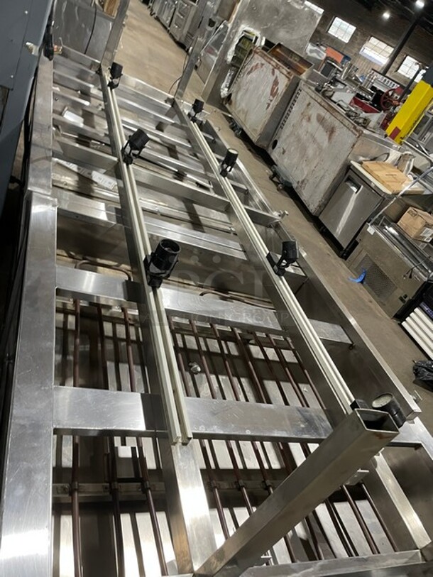 AMAZING! Custom Natural Gas Powered Island Style Steam Table! With Refrigerated Island Style Salad Bar Display Unit! All Stainless Steel! With Sneeze Guard Frame Build Out! With Enclosed Storage Underneath! On Legs! All One Money!  - Image 3 of 7