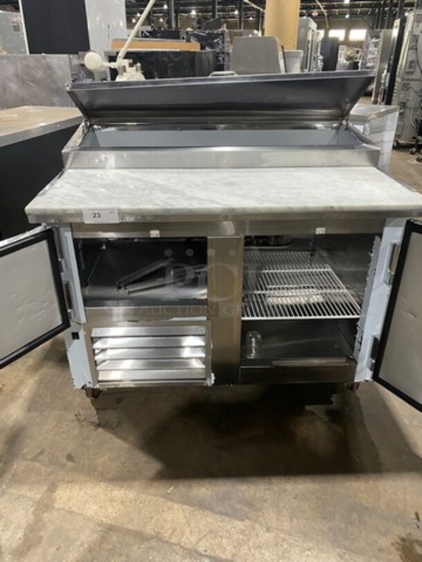 LATE MODEL! 2018 Leader Commercial Refrigerated Marble Top Pizza Prep Table! With 2 Door Underneath Storage Space! All Stainless Steel! On Casters! Model: PT48 SN: AB02M2705A 115V 60HZ 1 Phase - Image 5 of 10
