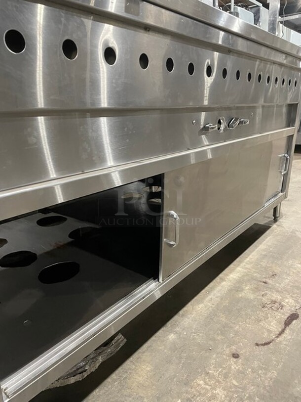 AMAZING! Custom Natural Gas Powered Island Style Steam Table! With Refrigerated Island Style Salad Bar Display Unit! All Stainless Steel! With Sneeze Guard Frame Build Out! With Enclosed Storage Underneath! On Legs! All One Money!  - Image 5 of 7