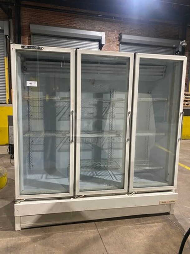 National Refrigeration Commercial 3 Door Reach In Freezer Merchandiser! With View Through Doors! With Poly Coated Racks! Model: ULG80BCP-5 SN: 0534002 115/208/230V 60HZ 1 Phase