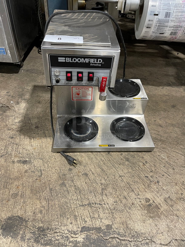 Bloomfield Commercial Countertop Coffee Brewing Machine! With 3 Coffee Pot Warming Stations! With Hot Water Dispenser! All Stainless Steel! Model: 8572 SN: 06K25428572 120V 60HZ