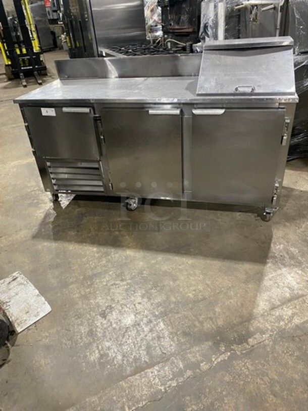 Leader Commercial Refrigerated Sandwich Prep Table! With Back Splash! With 3 Door Storage Space Underneath! Poly Coated Racks! All Stainless Steel! On Casters! Model: LM72S/C SN: PR010562 115V 60HZ 1 Phase