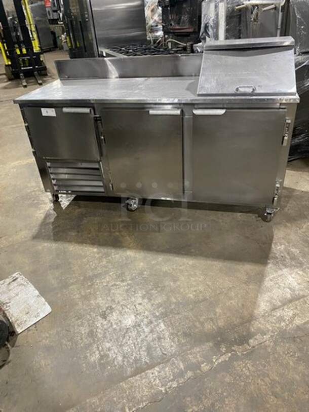 Leader Commercial Refrigerated Sandwich Prep Table! With Back Splash! With 3 Door Storage Space Underneath! Poly Coated Racks! All Stainless Steel! On Casters! Model: LM72S/C SN: PR010562 115V 60HZ 1 Phase - Image 1 of 10