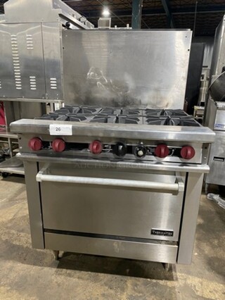 Therma Tek Commercial Natural Gas Powered 6 Burner Stove! With Raised Back Splash! With Oven Underneath! All Stainless Steel! On Legs!