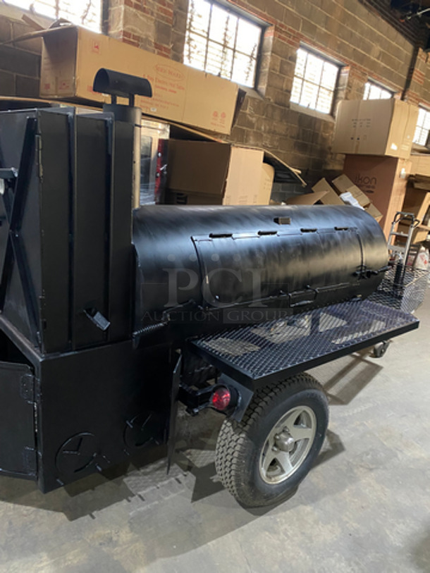 AMAZING FIND! Lang Commercial 60 Deluxe BBQ Smoker Cooker On Mobile Trailer Frame! With Firewood Rib Box! With Warmer Box And 4 Racks!
