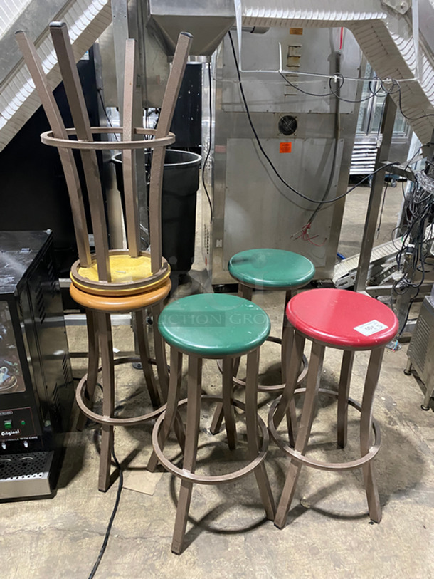 Tan, Green, Red Bar Stools! With Brown Metal Body! With Footrest! 5x Your Bid!