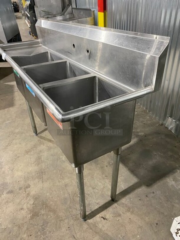 Commercial 3 Compartment Dish Washing Sink! With Single Side Drain Board! With Back Splash! All Stainless Steel! On Legs! - Image 2 of 9