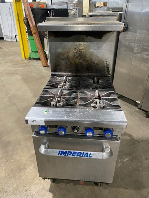 Imperial Commercial Natural Gas Powered 4 Burner Stove! With Raised Back Splash And Salamander Shelf! With Oven Underneath! All Stainless Steel! On Casters! Model: IR4 SN: 03273711