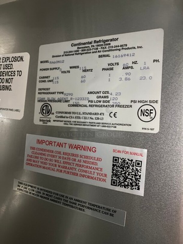 NICE! Continental Commercial Refrigerated Sandwich Prep Table! With Commercial Cutting Board! With 2 Door And 2 Drawer Underneath Storage Space! Poly Coated Racks! All Stainless Steel! On Casters! Model: RA60N12 SN: 16169412 115V 60HZ 1 Phase - Image 9 of 12