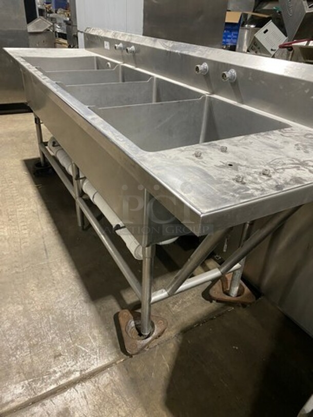 Commercial 4 Compartment Dish Washing Sink! With Dual Side Drain Board! With Back Splash! All Stainless Steel! On Legs And Casters! - Image 2 of 12