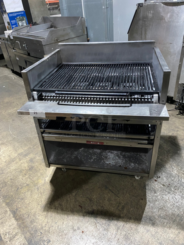 MagiKitch'n Commercial Natural Gas Powered Char Broiler Grill! With Back And Side Splashes! All Stainless Steel! On Legs! Model: FMSMB36 SN: 95070769