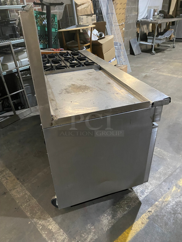 SWEET! Imperial Commercial Natural Gas Powered 6 Burner Stove With Left Side Flat Top Griddle! 2 Full Size Ovens Underneath! With Metal Oven Racks! Left Side Splash And Raised Back Splash! All Stainless Steel! On Casters! - Image 3 of 11