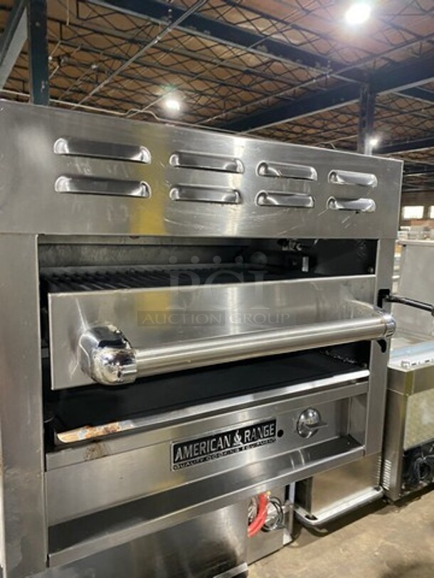 American Range Commercial Natural Gas Powered 4 Burner Stove! With Raised Back Splash And American Range Salamander! With Oven Underneath! All Stainless Steel! On Legs! - Image 7 of 9