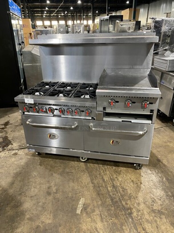 FAB! CPG Commercial Natural Gas Powered 6 Burner Stove With Right Side Flat Griddle And Cheese Melter Combo! Griddle Has Side Splashes! With Raised Back Splash And Salamander Shelf! With 2 Oven Underneath! Metal Oven Racks! All Stainless Steel! On Casters! SN: 01210402