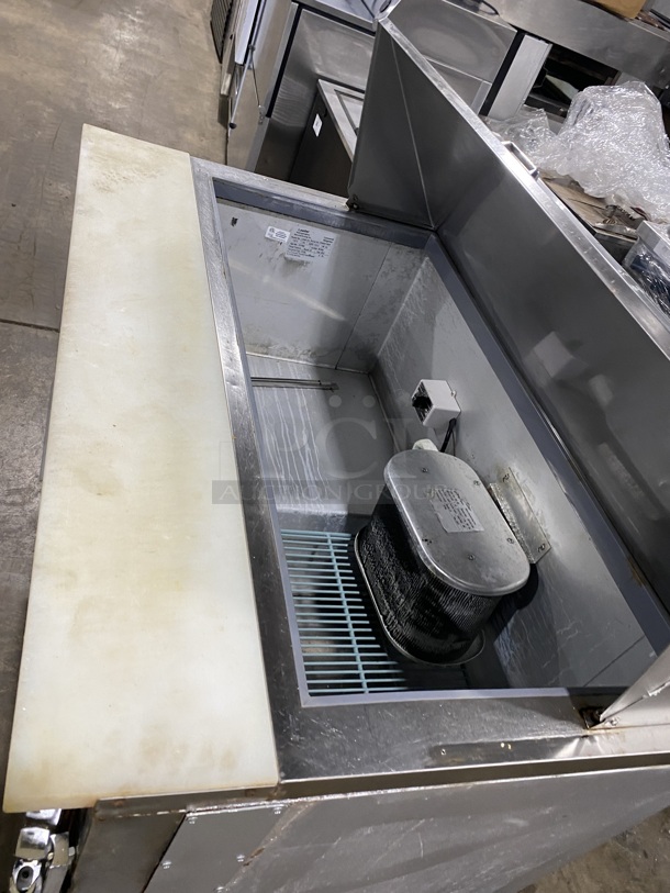 Leader Commercial Refrigerated Sandwich/Salad Prep Table! With Commercial Cutting Board! With 2 Door Underneath Storage Space! All Stainless Steel! Model: LM48S/C SN:PW02C1829! 115V 1 Phase! On Legs! - Image 8 of 9