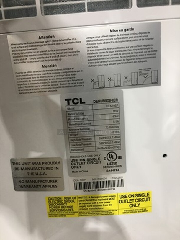 NEW! OUT OF THE BOX! SCRATCH-N-DENT! TCL 70 Pint Portable Dehumidifier Unit! With Built In Pump! Model: DEA70EP 115V - Image 6 of 9