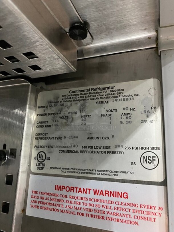 Continental Commercial Single Door Reach-In Cooler! Solid Stainless Steel! On Casters! Model: DL1RSS SN: 14348204 115V 60HZ 1 Phase - Image 8 of 10
