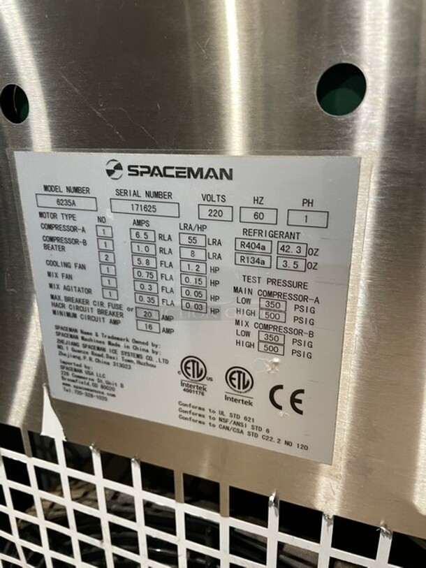 2017 Late Model SpaceMan 3 Handle Counter Top Gravity Fed Ice Cream Machine! All Stainless Steel! Model 6235A Serial 171625 220V 60HZ 1Phase! Working When Removed! - Image 6 of 9