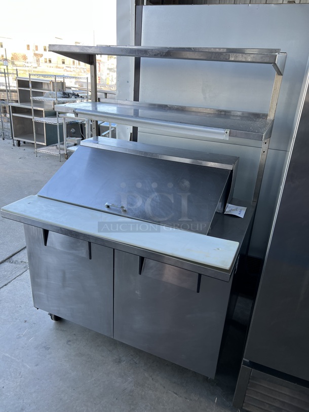 2012 True TSSU-48-18M-B Stainless Steel Commercial Sandwich Salad Prep Table Bain Marie Mega Top w/ 2 Tier Over Shelf on Commercial Casters. 115 Volts, 1 Phase. 48x36x69. Tested and Working! - Image 2 of 9