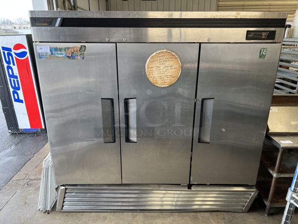 Turbo Air Model TSR-72SD Stainless Steel Commercial 3 Door Reach In Cooler w/ Metal Racks. 115 Volts, 1 Phase. 81x31x79. Tested and Working!